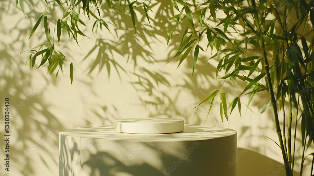 Bamboo shadows on beige backdrop, product display Bamboo shadows on beige backdrop, product display