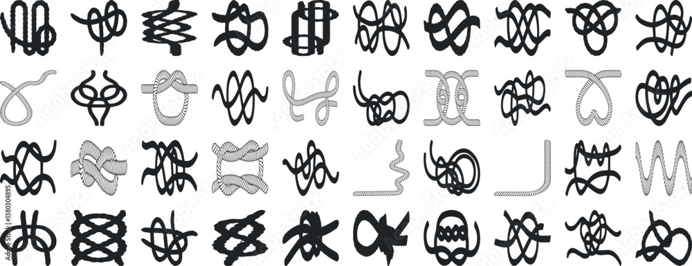 Knot vector set rope, cord, tie, knot silhouette vector illustrations, various knot types, decorative knots Knot vector set rope, cord, tie, knot silhouette vector illustrations, various knot types, decorative knots