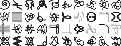 Knot vector set rope, cord, tie, knot silhouette vector illustrations, various knot types, decorative knots