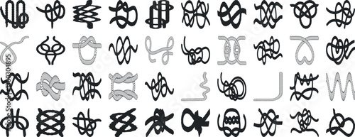 Knot vector set rope, cord, tie, knot silhouette vector illustrations, various knot types, decorative knots