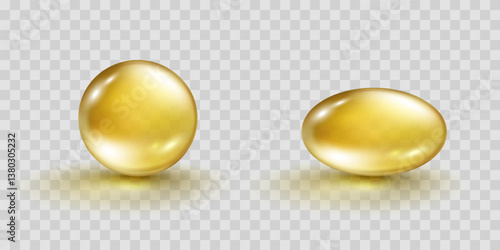 Oil gold bubble isolated on transparent background. Cosmetic vitamin capsule or pill of vitamin E, A or omega 3. Golden glass ball template. Vector 3d serum collagen essence