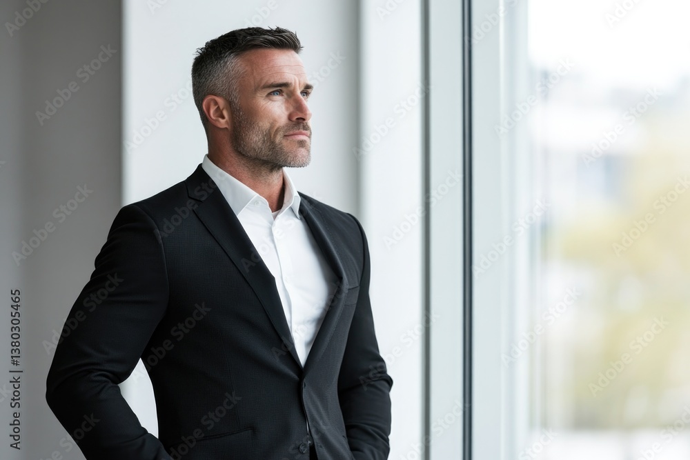 Confident man in formal attire gazing out large window, exuding Confident man in formal attire gazing out large window, exuding