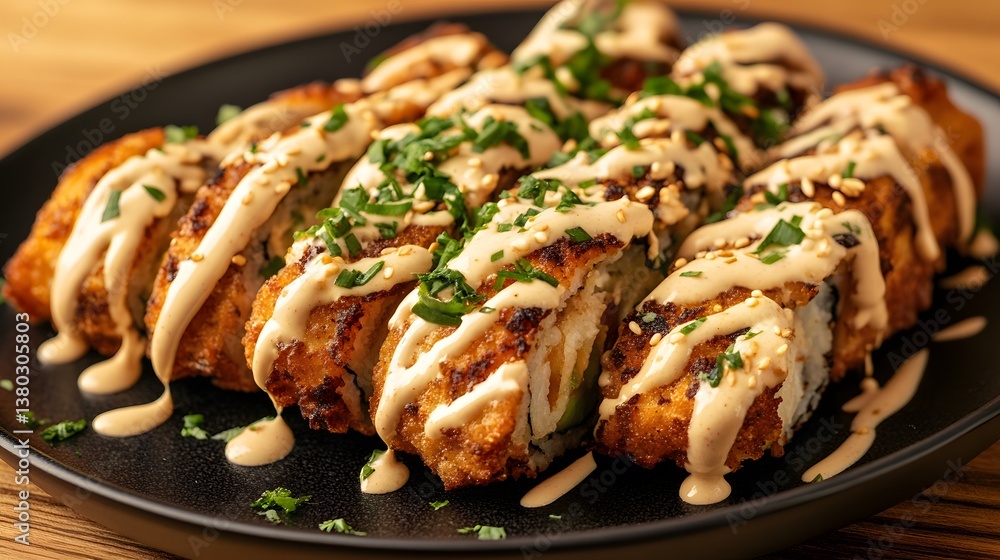 Crispy sushi rolls with chicken, drizzled with creamy sauce on a black plate, gourmet fusion delight.
Crispy sushi rolls with chicken, drizzled with creamy sauce on a black plate, gourmet fusion delight.