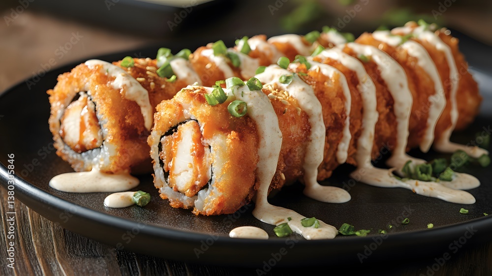Crispy sushi rolls with chicken, drizzled with creamy sauce on a black plate, gourmet fusion delight.
Crispy sushi rolls with chicken, drizzled with creamy sauce on a black plate, gourmet fusion delight.