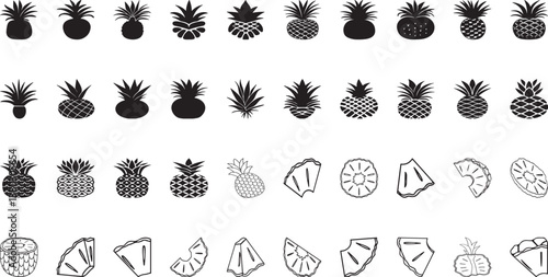 Pineapple silhouette ananas vector illustration set, tropical fruit icons, black Pineapple illustration