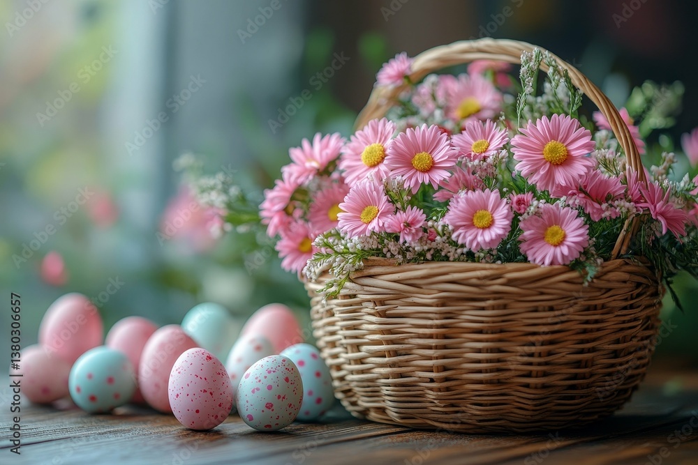 Pink Flowers in a Basket with Easter Eggs Pink Flowers in a Basket with Easter Eggs