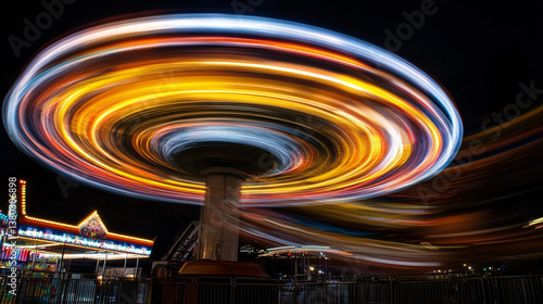 A long exposure shot of festival rides spinning at night, creating streaks of vibrant light.