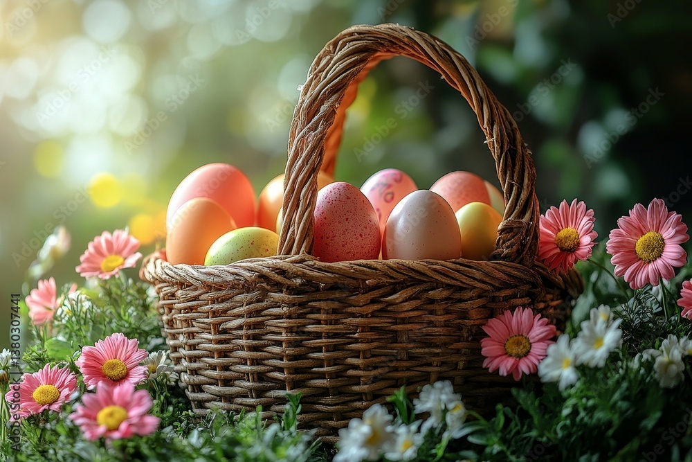 Easter Basket with Colorful Eggs and Flowers Easter Basket with Colorful Eggs and Flowers