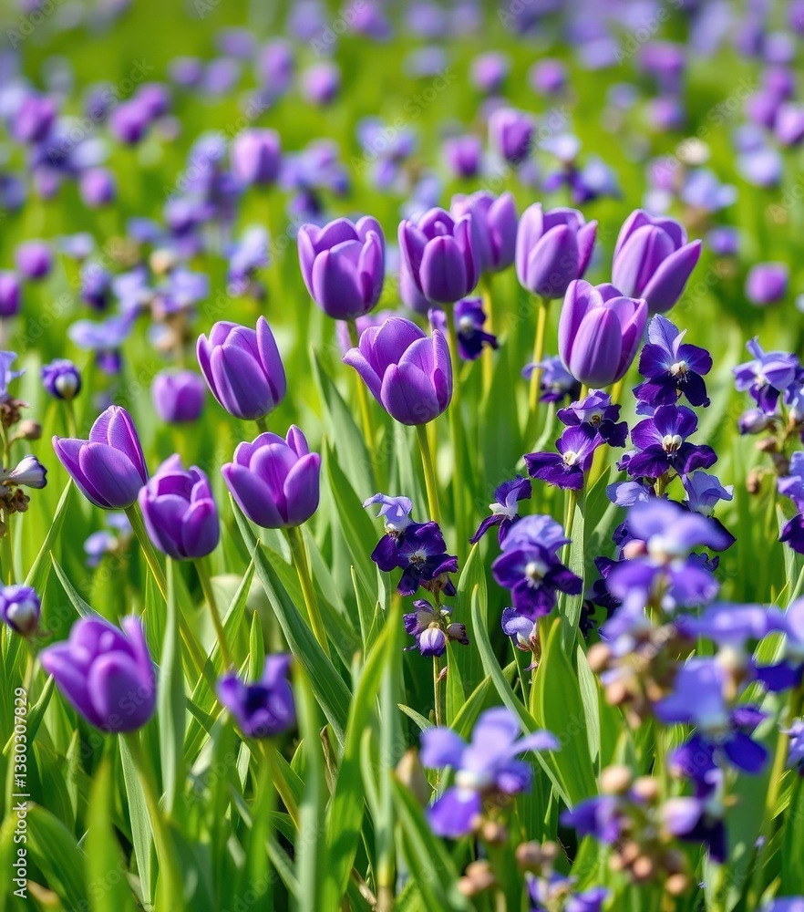 Lush green field, vibrant blue-purple tulips & violets bouquet Spring bloom , spring, blossom, flora Lush green field, vibrant blue-purple tulips & violets bouquet Spring bloom , spring, blossom, flora