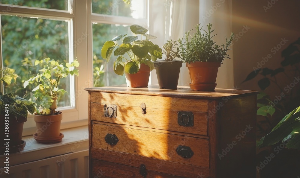 sunlit indoor scene featuring potted plants on a wooden dresser next to a window. The plants are bathed in warm sunlight sunlit indoor scene featuring potted plants on a wooden dresser next to a window. The plants are bathed in warm sunlight