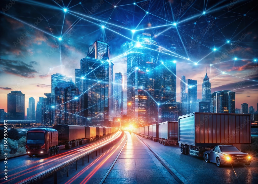 Fototapeta premium Global Logistics Network: Blockchain, Electric Trucks & Automated Warehousing