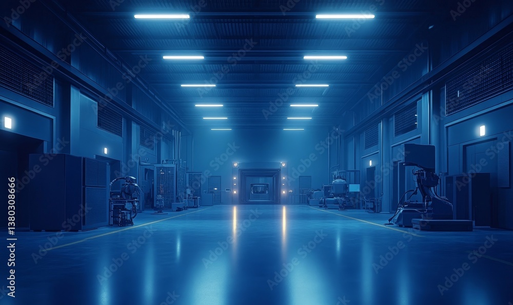 Fototapeta premium A futuristic, technological interior scene bathed in cool blue light, with sleek metallic structures lining the floor. A sense of advanced design and industrial ambiance is felt.