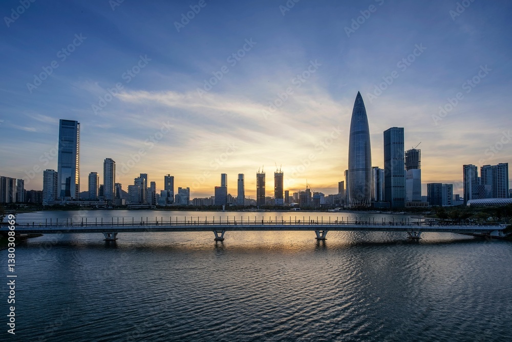 Fototapeta premium Sunset over modern city skyline and bridge.