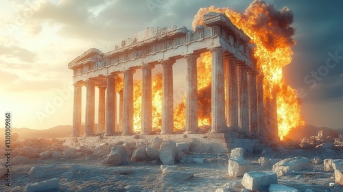 Ruined building ablaze, columns and sky