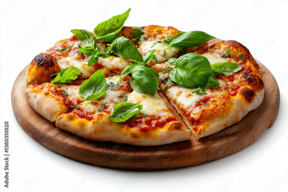 Isolated classic margherita pizza with bubbling mozzarella rustic kitchen setting gourmet food photography close-up view culinary artistry Isolated classic margherita pizza with bubbling mozzarella rustic kitchen setting gourmet food photography close-up view culinary artistry