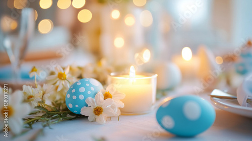 Decorative centerpiece adorned with glowing candles and colorful painted eggs, creating a warm atmosphere suitable for gatherings or festive occasions.