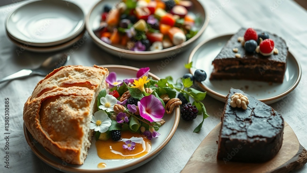 A visually appealing arrangement of savory food, decorated with edible blooms, and accompanied by rich chocolate desserts, exhibiting a unique mix of culinary artistry and natural ingredients.
A visually appealing arrangement of savory food, decorated with edible blooms, and accompanied by rich chocolate desserts, exhibiting a unique mix of culinary artistry and natural ingredients.