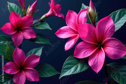 Bold fuchsia blooms, stylized art deco leaves, retro, flowers