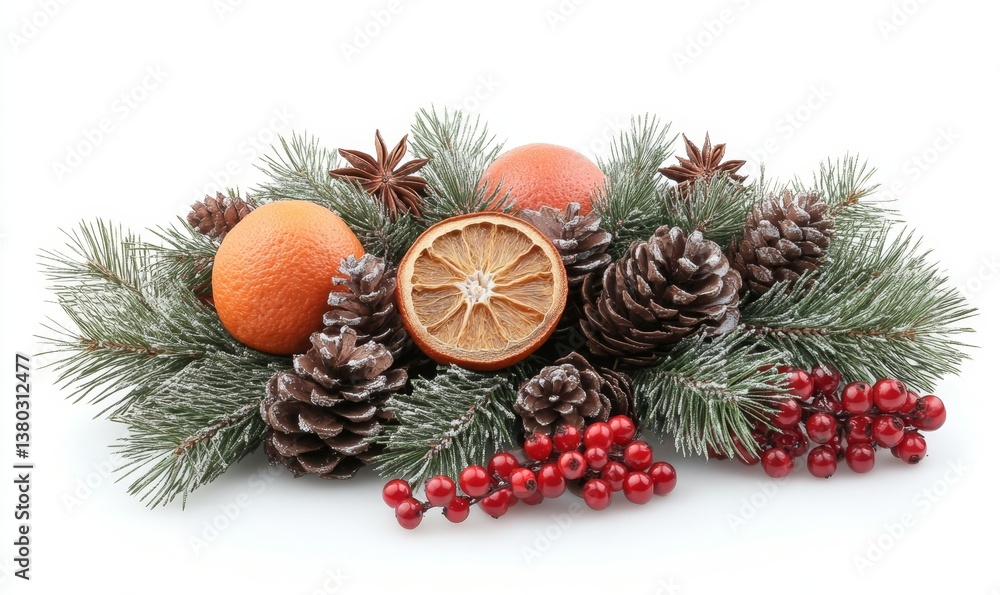Holiday arrangement with pine cones, berries, and citrus fruits, evoking festive cheer and warmth Holiday arrangement with pine cones, berries, and citrus fruits, evoking festive cheer and warmth