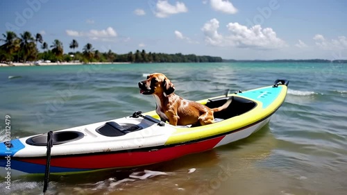 Happy brown and white dachshund mix dog sitting in a colorful kayak on calm turquoise water near a tropical beach with palm trees