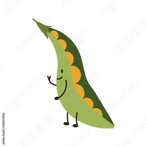 Flat style illustration of pea wth happy face, ideal for healthy eating, cooking projects, and vegetable-inspired designs.