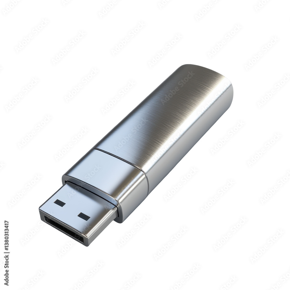 Portable silver metallic USB flash drive with cylindrical shape on transparent background Portable silver metallic USB flash drive with cylindrical shape on transparent background