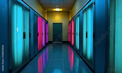 A hallway with lockers, illuminated by striking pink and blue hues, creates a futuristic, vibrant corridor