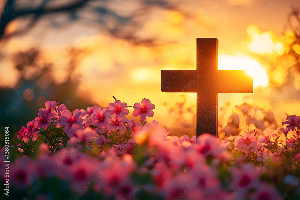 Christian cross standing in blooming flower garden at sunset Christian cross standing in blooming flower garden at sunset