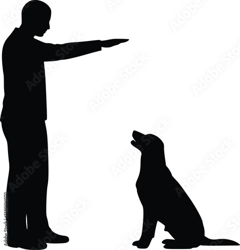Man training a dog in a black and white silhouette of obedience and teamwork