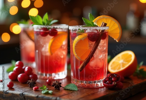 Fototapeta Naklejka Na Ścianę i Meble -  festive winter cocktail creations infused seasonal fruits spices cheerful celebration, festiive, drink, mixology, sugar, cinnamon, holiday, juice, berry