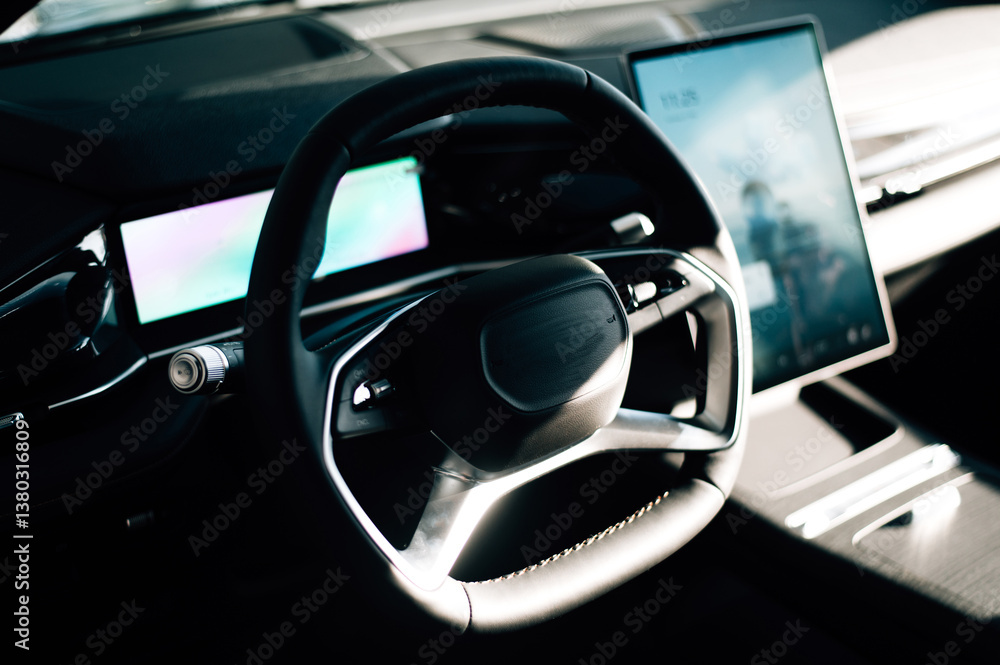 Naklejka premium steering wheel and control buttons in an expensive new car