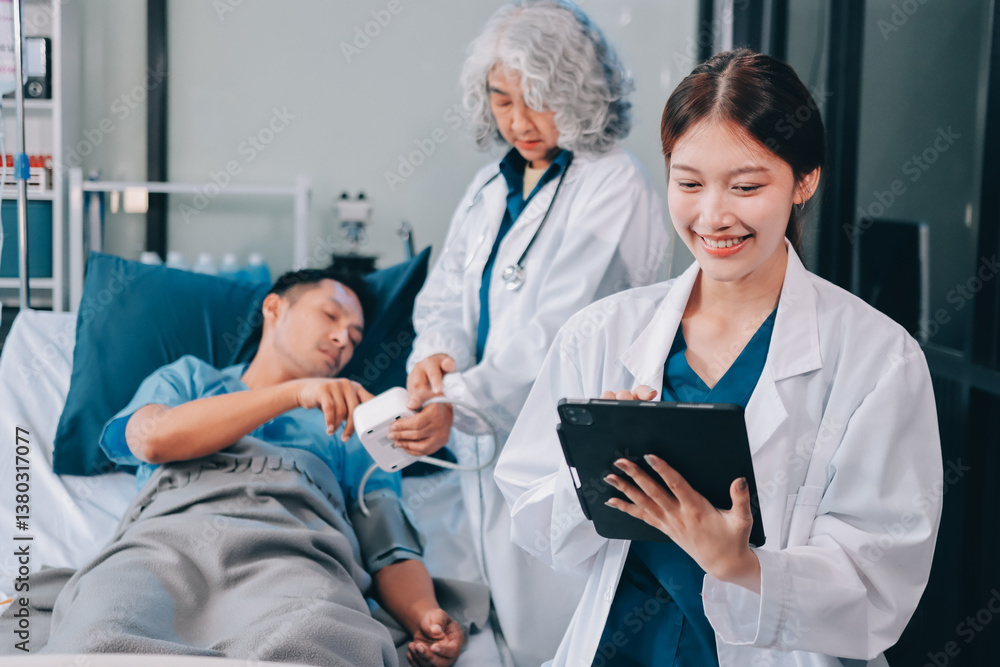 Obraz premium Nurse giving assistance to senior patient with disease in bed. Medical assistant and doctor doing healthcare checkup for pensioner with oxygen tube and IV drip bag in hospital ward.