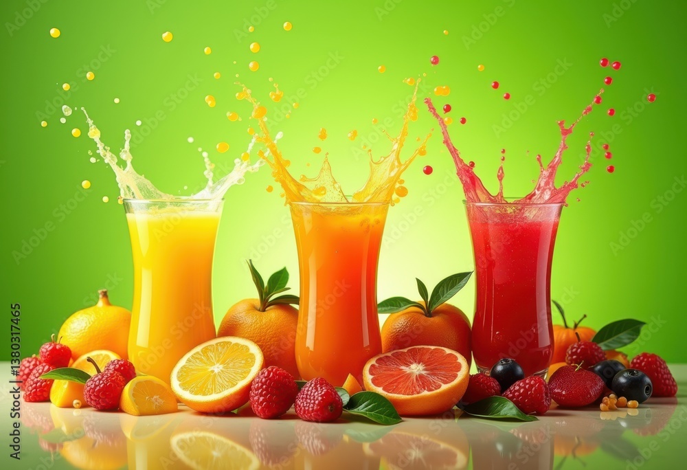 colorful fruit juice splashes vibrantly green backdrop refreshing tropical beverage burst, liquid, drip, pour, bright, drink, natural, organic, berry, banana colorful fruit juice splashes vibrantly green backdrop refreshing tropical beverage burst, liquid, drip, pour, bright, drink, natural, organic, berry, banana