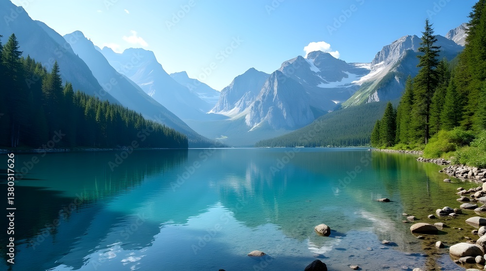 a crystal-clear mountain lake surrounded by dense evergreen trees, with the calm water perfectly reflecting the blue sky and rugged peaks in the distance. a crystal-clear mountain lake surrounded by dense evergreen trees, with the calm water perfectly reflecting the blue sky and rugged peaks in the distance.