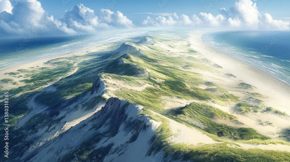 Aerial view of an island with sandy beaches and grassy areas Aerial view of an island with sandy beaches and grassy areas