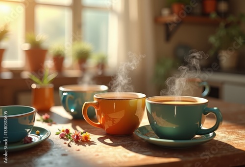 Wallpaper Mural vibrant coffee mugs wooden table afternoon relaxation cozy atmosphere colors drinkware teaware kitchen decor breakfast beverages heatwave gifts, ceramic, morning Torontodigital.ca