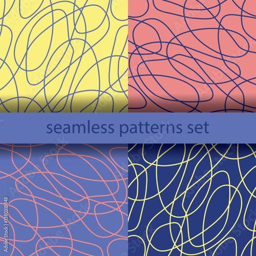 Seamless abstract patterns set, intertwining yellow, blue, coral, violet lines. Dynamic, chaotic design, modern, energetic scratches, artistic scribbles, free hand, continued lines, hand drawn style