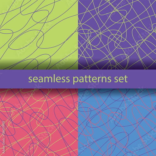 Seamless abstract patterns set, intertwining green, blue, coral, violet lines. Dynamic, chaotic design, modern, energetic scratches, artistic scribbles, free hand, continued lines, hand drawn style
