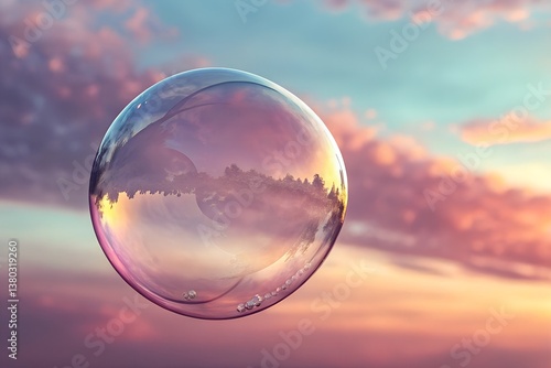 Bubble floating in the sky with sunset reflection wallpaper background aesthetic dreamy and surreal look