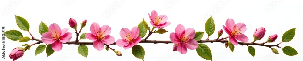 Obraz premium Several branches with flowers and leaves in a row on white background, blossom, botanical, flower