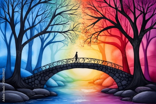A dreamy watercolor scene of a person walking on a bridge made of light, moving toward hope and healing