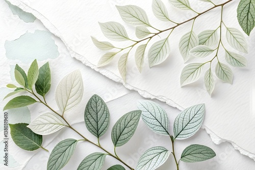 Aesthetic leaves on white paper background botanical art print nature wall decor plant illustration