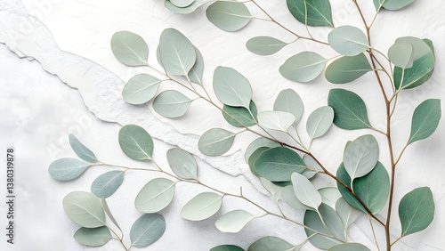 Eucalyptus leaves background wallpaper, green foliage plant, botanical nature design, marble surface art