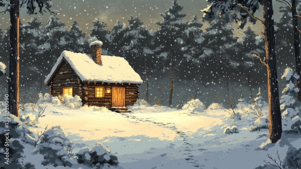 Fototapeta premium A Cozy Snow Covered Cabin Situated Deep Within The Winter Forest