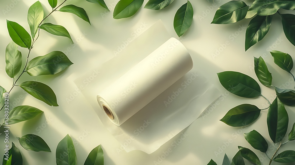 A product shot of a roll of biodegradable trash bags unrolling on a neutral background, minimal composition with green leaves placed nearby, soft diffused lighting, clean eco-branding aesthetic, A product shot of a roll of biodegradable trash bags unrolling on a neutral background, minimal composition with green leaves placed nearby, soft diffused lighting, clean eco-branding aesthetic,