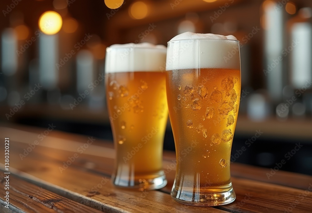 frosty beer glasses refreshing cold beverage rustic wooden bar top drink pouring brewery atmosphere, craft, amber, bottle, foam, pint, tap, ale, lager frosty beer glasses refreshing cold beverage rustic wooden bar top drink pouring brewery atmosphere, craft, amber, bottle, foam, pint, tap, ale, lager