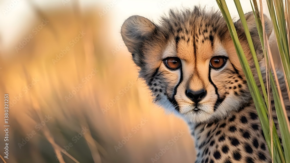 Obraz premium A close-up of a young cheetah peeking through tall grass with a blurred golden background. Concept Cheetah Close-Up, Young Wildlife, Nature Photography, Blurred Background, Tall Grass Habitat