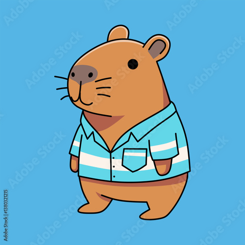 Cartoon Capybara Standing Wearing a Striped Shirt Against a Blue Background