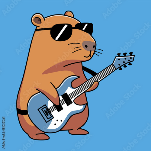 Cool Capybara Cartoon Playing Guitar Illustration on a Light Blue Background
