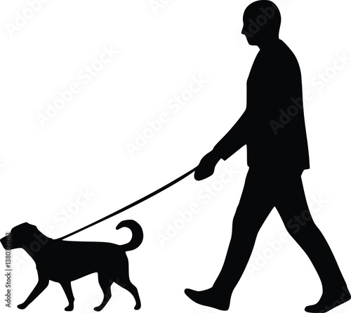 Silhouette illustration of dog walker with leash, monochrome vector of human-canine companionship and outdoor activity